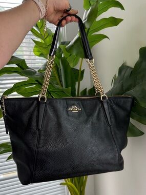 Coach Black Pebbled Leather Tote with Gold-Tone Chain Straps